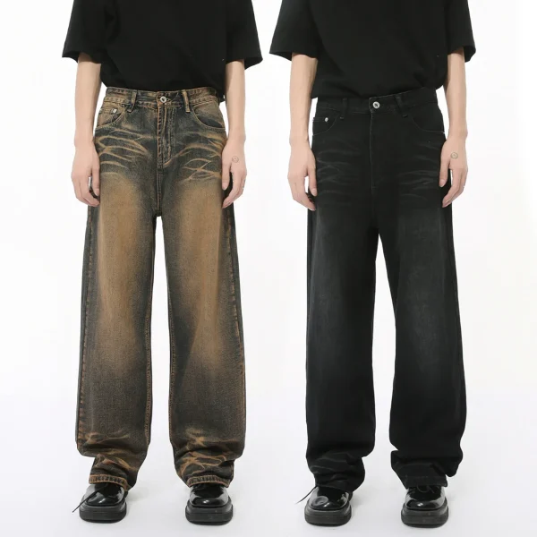 2025 Men's Fashion Autumn New Street Distressed Straight Scratched Design Washed Technique Denim Trending Loose Fit