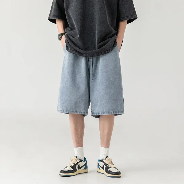 250g Collegiate Style Splicing Solid Color Simple Wash Denim Shorts Retro Suit for Men