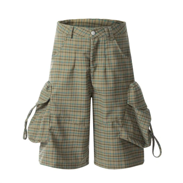 Loose Plaid 3D Pocket Cargo Men Shorts European American High Streetpants Vibe Design Wide Leg Five-Point Casual Knitted Pants