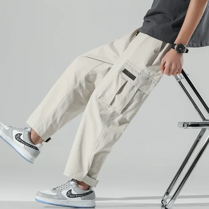 Autumn Men'S Cargo Pants Loose Wide Leg Casual Trousers for Men Black Khaki Drawstring School Male Clothes Streetwear