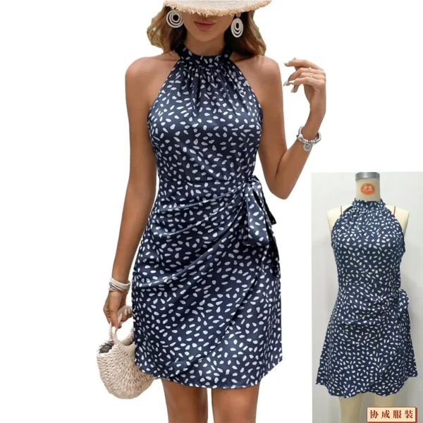 2025 Popular European American Lace-Up Polka Dot Pleated Waist Halter Dress Summer Sleeveless Dress - Image 6