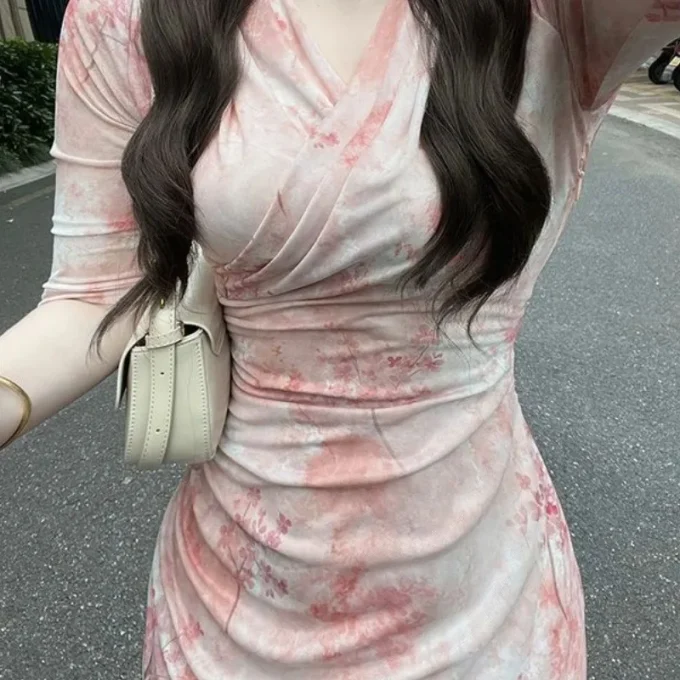 2025 Summer Casual Style Pure Desire Bodycon Dress French Pink V-Neck Gradient Print Mesh Chiffon Front Slim Fit Long Dress