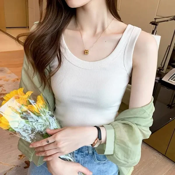 Women's Summer Spring Sleeveless Camisole Vest Direct Sale Ribbed Anti-Exposure Inner Layer Short Outer Wear - Image 6