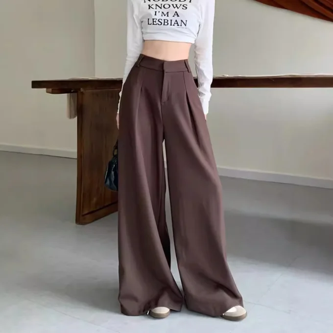 Autumhigh Casual Suit Pants High Waist Slimming Straight-Leg Draped Mop Design Easy Match Flat Front Elastic Waist - Image 2