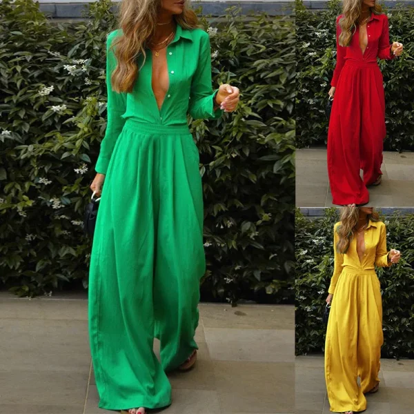 Women's Casual Fashion Two-Piece Set Stylish Solid Color Shirt Loose Long Pants - Image 2