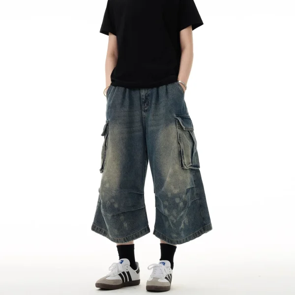 2025 Summer Unisex Loose Straight Leg Mid-Length Jeans New Multi-Pocket Pleated Cargo Spotted Washed Draping Effect Unisex Denim - Image 2