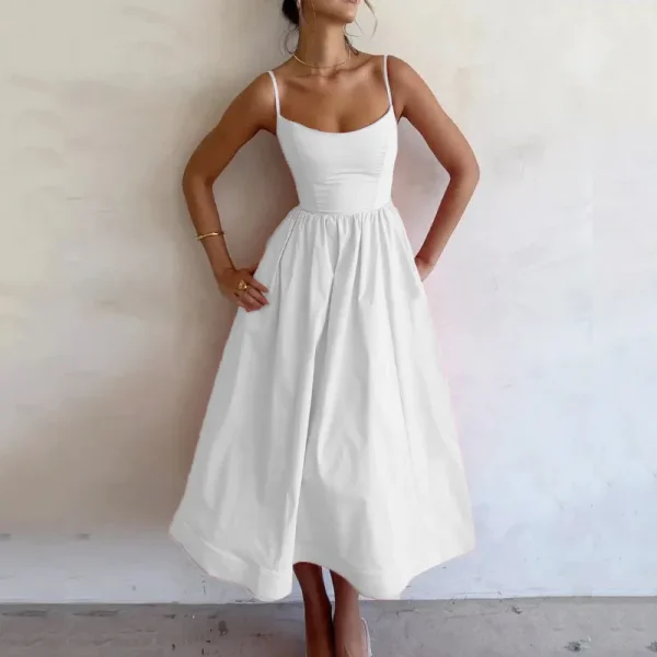 2025 Summer New Women's Fashion Cross-Border Satin Dress Casual U-Neck Waist-Cinching Ruched Strap Sexy Solid Spaghetti Natural