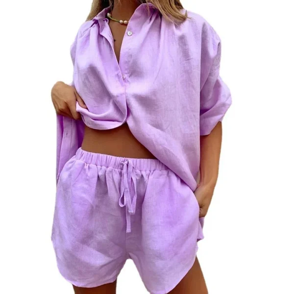 Women's Solid Color Single-breasted Short-sleeved Shirt Two-piece Wide-leg Pants Lace-up Shorts - Image 5
