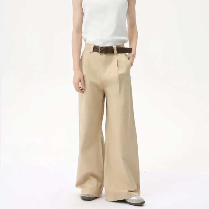 2025 Men's Casual Clothing Belt Buckle Design High-End Pure Color Lightweight Loose Draped Flat Floor-Length