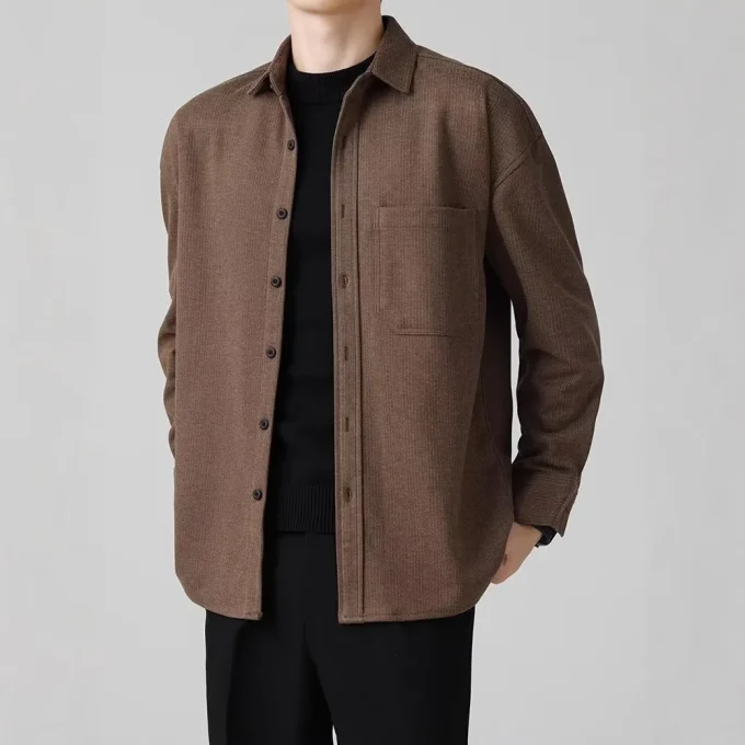 American Men's Casual Lapel Shirt Heavy Woolen Pure Color Long Sleeve Autumn Work Clothing Knitted Outwear - Image 2