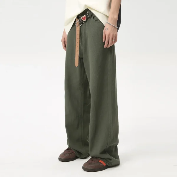2025 Summer New Loose Men's Japanese Retro Casual Green Waxed Denim Stonewashed High Pencil Pants Vintage Hip Straight