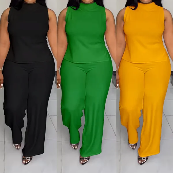 2025 Summer New Plus Size Women's Casual Sleeveless Long Pants Set Solid Color Daily Wear Worsted Fabric Digital Printing