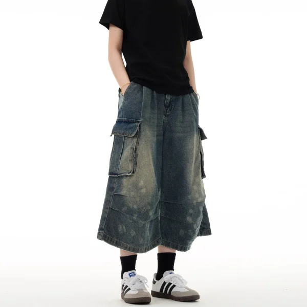 2025 Summer Unisex Loose Straight Leg Mid-Length Jeans New Multi-Pocket Pleated Cargo Spotted Washed Draping Effect Unisex Denim - Image 6