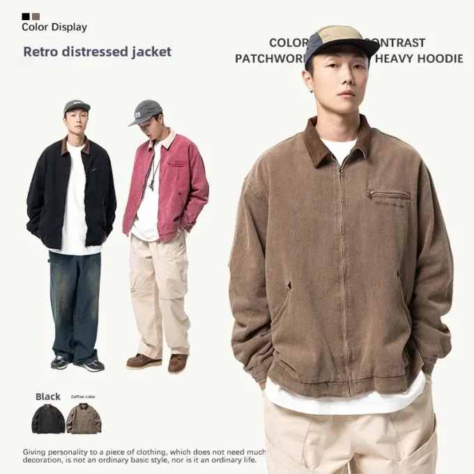 Denim Jacket Spring Men's Jacket Retro Vintage Style American Japanese Washed Distressed Workwear Lapel Trendy Vintage Look