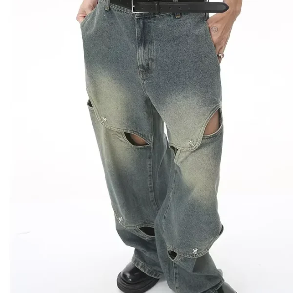 2025 Summer Men's Fashion New Metal Button Heavy Craft Design Jeans Hollow Wide Leg Baggy Jean Denim Fabric Washed Techniques