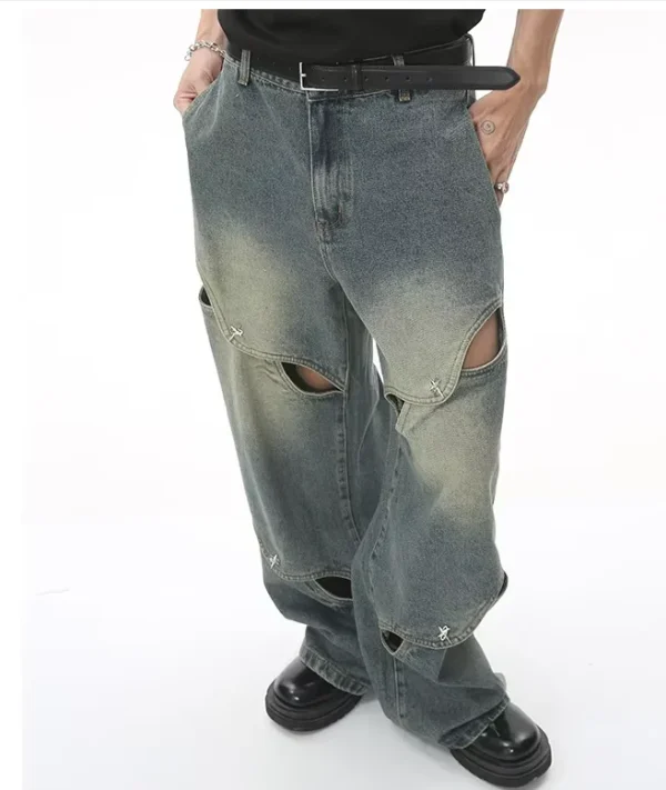 2025 Summer Men's Fashion New Metal Button Heavy Craft Design Jeans Hollow Wide Leg Baggy Jean Denim Fabric Washed Techniques
