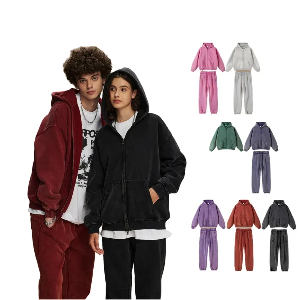 Track Suit for Men Unisex Men's Set Washed Wax-Dyed Vintage Retro Trendy Pullover Fleece  Sweatshirt Sweatpants - Image 2