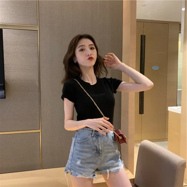 Summer New Korean Letter Embroidered Slim Short-Sleeved T-Shirt - Image 6