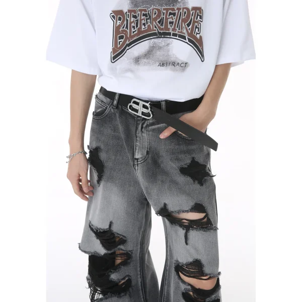 2025 Summer New High Street Men's Clothing Hole Beggar's Hip Hop Wide Mop Denim Pants Woven Loose Fit Washed Technics Jeans - Image 4