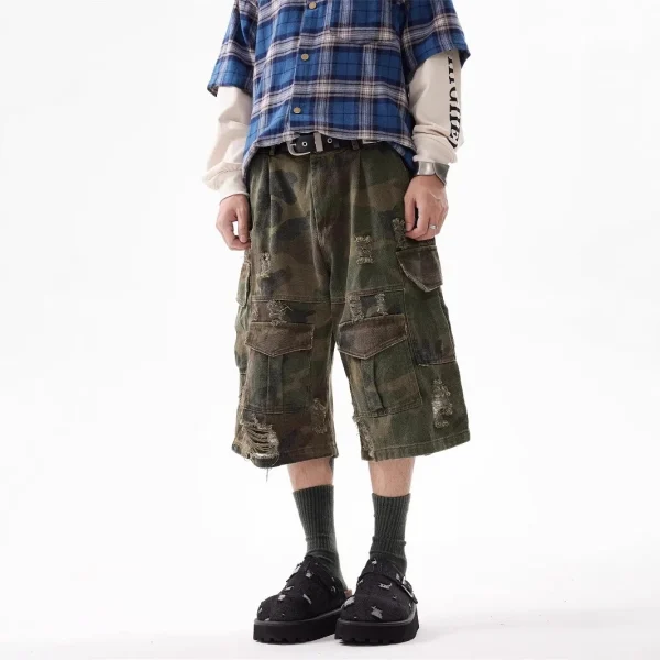 2025 American Retro Cropped Men's Denim Pants Washed Distressed Camouflage Casual Loose Wide-Leg Ripped Summer Mid Straight