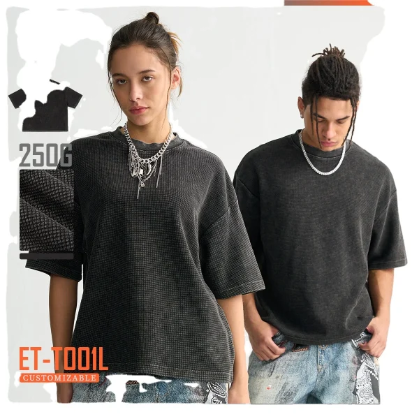 Men's Casual Clothing High Quality Vintage Washed Waffle Color T-Shirt Loose Short Trendy Digital Printing Blank - Image 2