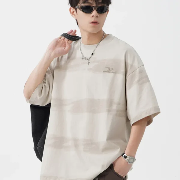 Men's Tie-Dyed Cotton T-Shirt Japanese Retro Style New Fashionable Embroidered Striped Design Summer Half-Sleeved T-Shirt