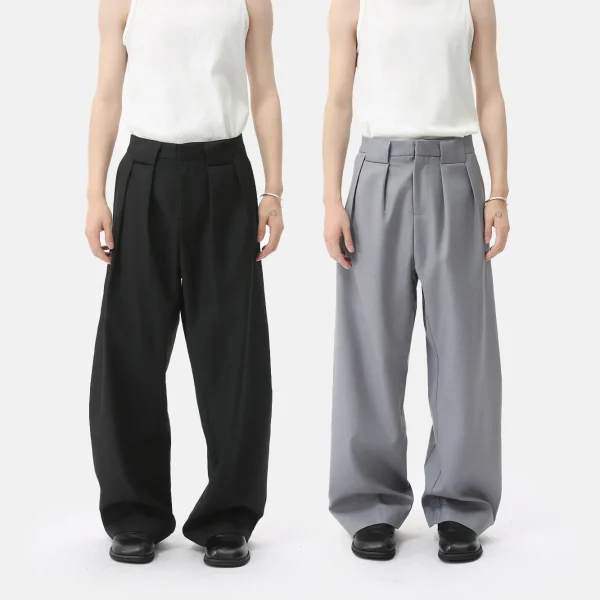 2025 Men's Fashion Solid Color 3D Tailored Korean Style Pleated Straight Wide-Leg Casual Floor-Length Zipper Fly Plain Dyed