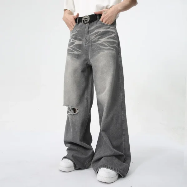 2025 Summer Men's Fashion New Vintage Washed Distressed Straight Wide-Leg Baggy Floor-Length Jeans Gray Denim Fabric - Image 2