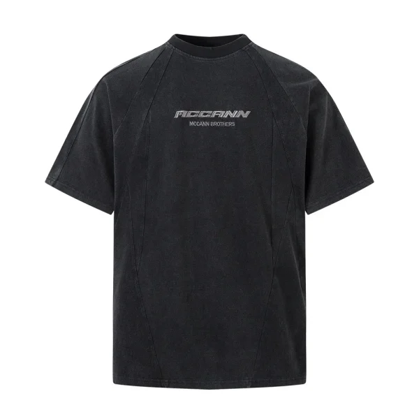 Trend Simple Embroidered Letters 100% Cotton Short Sleeved T-Shirt for Men Split Stitching Distressed Washed O-Neck T-Shirt