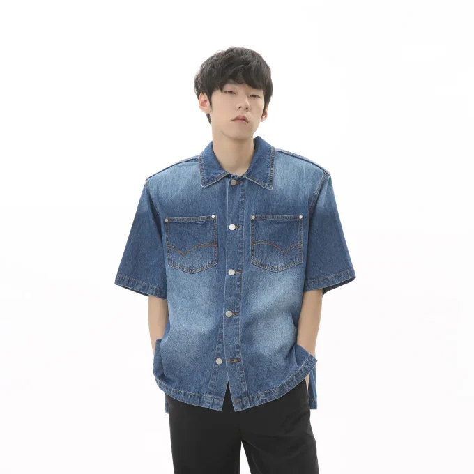 Denim Jacket Men's Summer Loose Denim Short-sleeved Shirt Shoulder Pad Coat Cardigan for Men