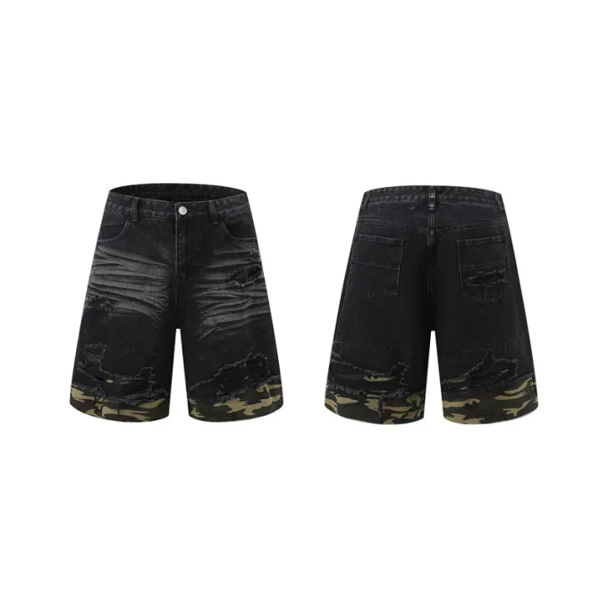 Fashionable Cut-Edge Stitching Leopard Print Japanese Style Denim Shirt and Shorts Sets Men's Casual Half-Sleeved Clothing Suit