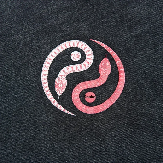 Men's Casual Top 100% Cotton Snake Print T-Shirt Distressed Washed Loose Top Short Sleeved T-Shirt Ins Street Fashion for Summer