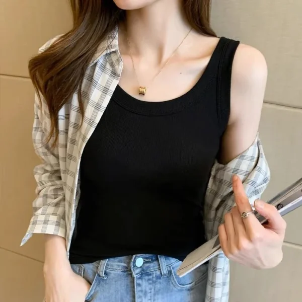 Women's Summer Spring Sleeveless Camisole Vest Direct Sale Ribbed Anti-Exposure Inner Layer Short Outer Wear - Image 5