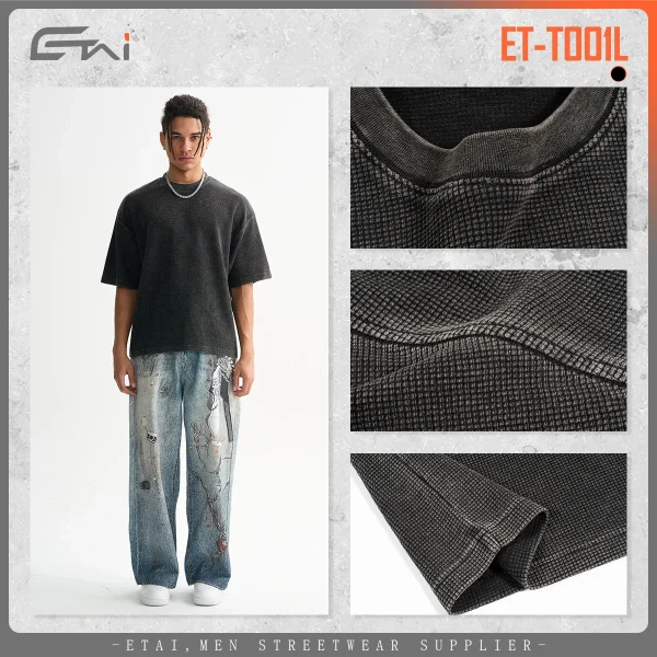 Men's Casual Clothing High Quality Vintage Washed Waffle Color T-Shirt Loose Short Trendy Digital Printing Blank - Image 3