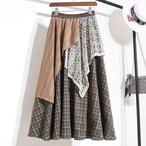 Vintage Ethnic Style Women's Mid-Length Plaid Patchwork Half Skirt High Waist Autumn Season Natural Waistline - Image 6