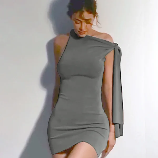 Dress Elastic Waist Asymmetric Tassel Sleeveless New Solid Color Twist Knot Fashionable Autumn - Image 3