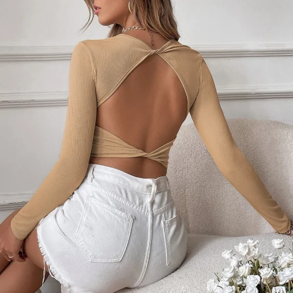 Sexy Backless Casual Slim Knitted Long-Sleeved T-Shirt Top Outer Wear for Summer - Image 3