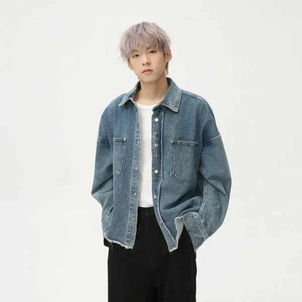 Men's Trendy Denim Jacket New American Retro Punk Metal Decor Frayed Hem Casual Style Front Rabbit XS for Spring