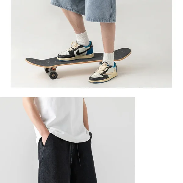 250g Collegiate Style Splicing Solid Color Simple Wash Denim Shorts Retro Suit for Men