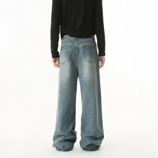 2025 New Men's Unique Irregular Ripped Straight Wide Leg Jeans High Street Casual Denim Pants Washed Distressed Baggy Jeans - Image 2