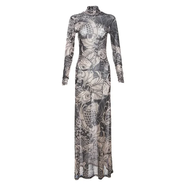 2025 Spring Summer Collection New Fashion Satin for Women High Neck Slim Fit Mesh Printed Sheer Knee-Length Natural Parties - Image 6