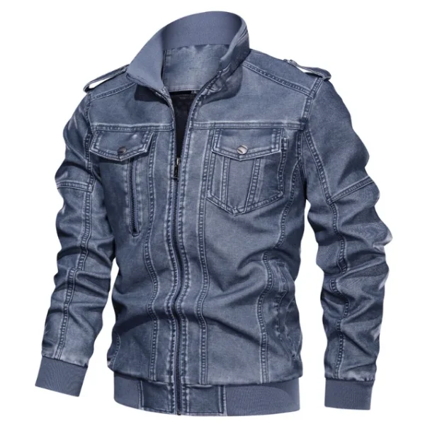 Washed Old Motorcycle Leather Jacket Men's Large Size Jacket Plain Dyed Euramerican Style Men's PU Stand 100% Polyester Knitted - Image 3
