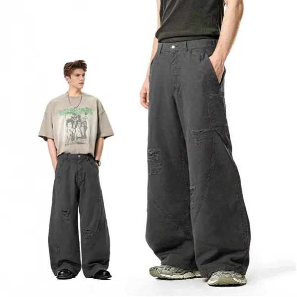 Casual Fashion Washed Cut Scythe Mens Pants Spring Summer 25 New American Street Baggy Scythe Wide Leg Cargo Pants