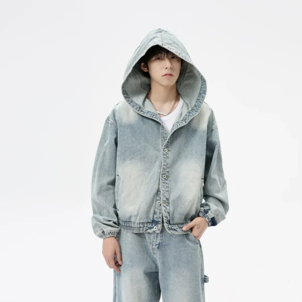 Men Denim Set New Men's Clothing American Retro Hooded Jacket Solid Pattern Washed Denim Suit Loose Fit Knitted Fabric - Image 3