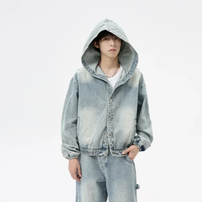 Men Denim Set New Men's Clothing American Retro Hooded Jacket Solid Pattern Washed Denim Suit Loose Fit Knitted Fabric - Image 3
