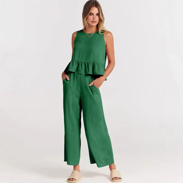 Women's Floral Nine-Point Pants Shorts Set Sleeveless Pleated Vest and Wide Leg Pants Loose Fit Sports Wear Knitting Fabric - Image 3