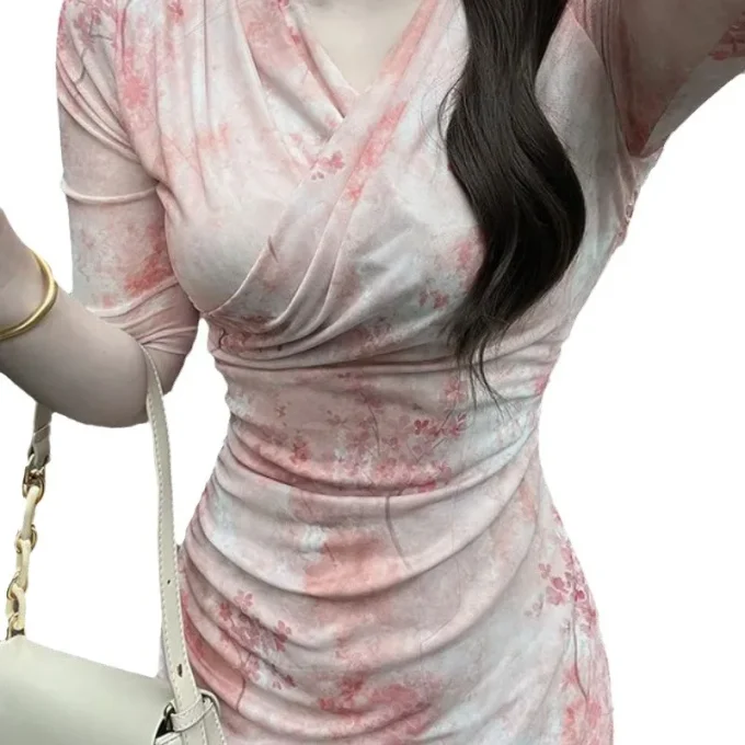 2025 Summer Casual Style Pure Desire Bodycon Dress French Pink V-Neck Gradient Print Mesh Chiffon Front Slim Fit Long Dress