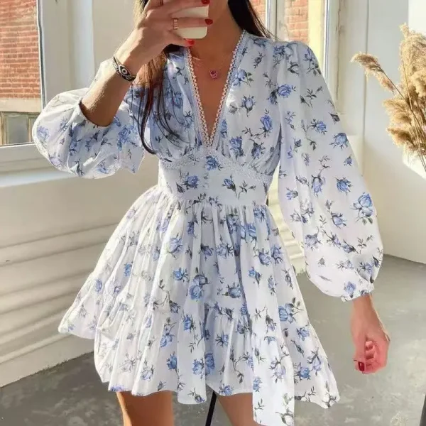 2025 European American Women's Floral V-Neck Lace Dress New Export Style Sweet Temperament Printed Summer Plain Dyed Short Dress - Image 3