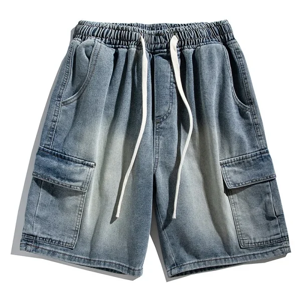 2025 Summer Men's Fashion Mid-Length Cargo Denim Shorts New Elastic Waist Cool Hip Hop Breathable Loose for College Students