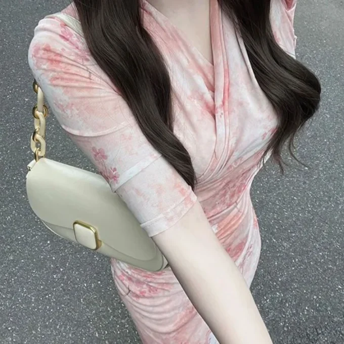 2025 Summer Casual Style Pure Desire Bodycon Dress French Pink V-Neck Gradient Print Mesh Chiffon Front Slim Fit Long Dress